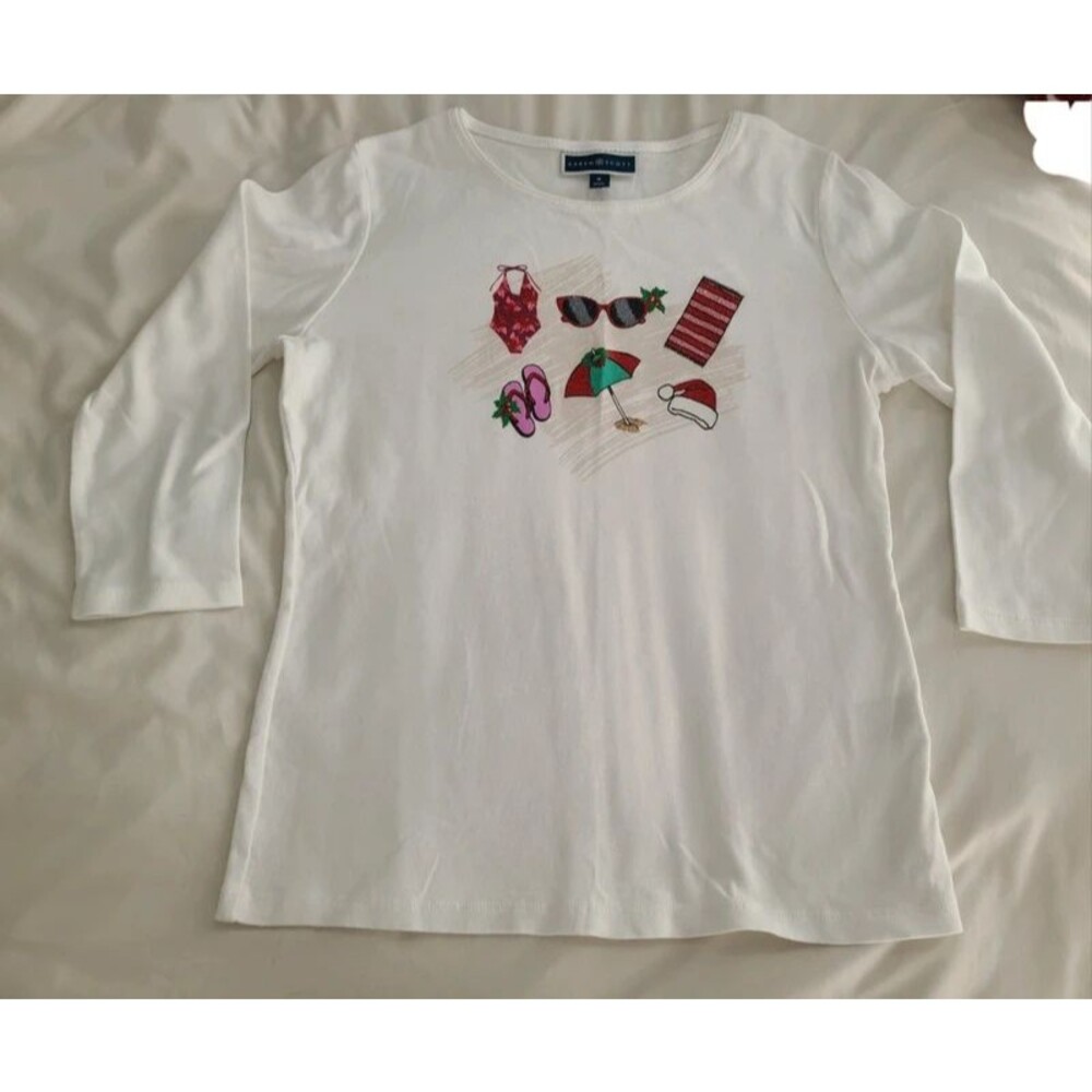 Karen Scott White Beach Themed Christmas T-shirt Sz Medium